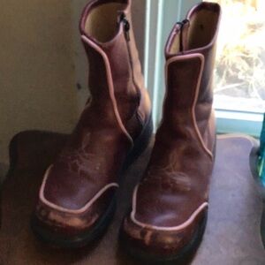 Red leather Fluevog boots, size 9.5